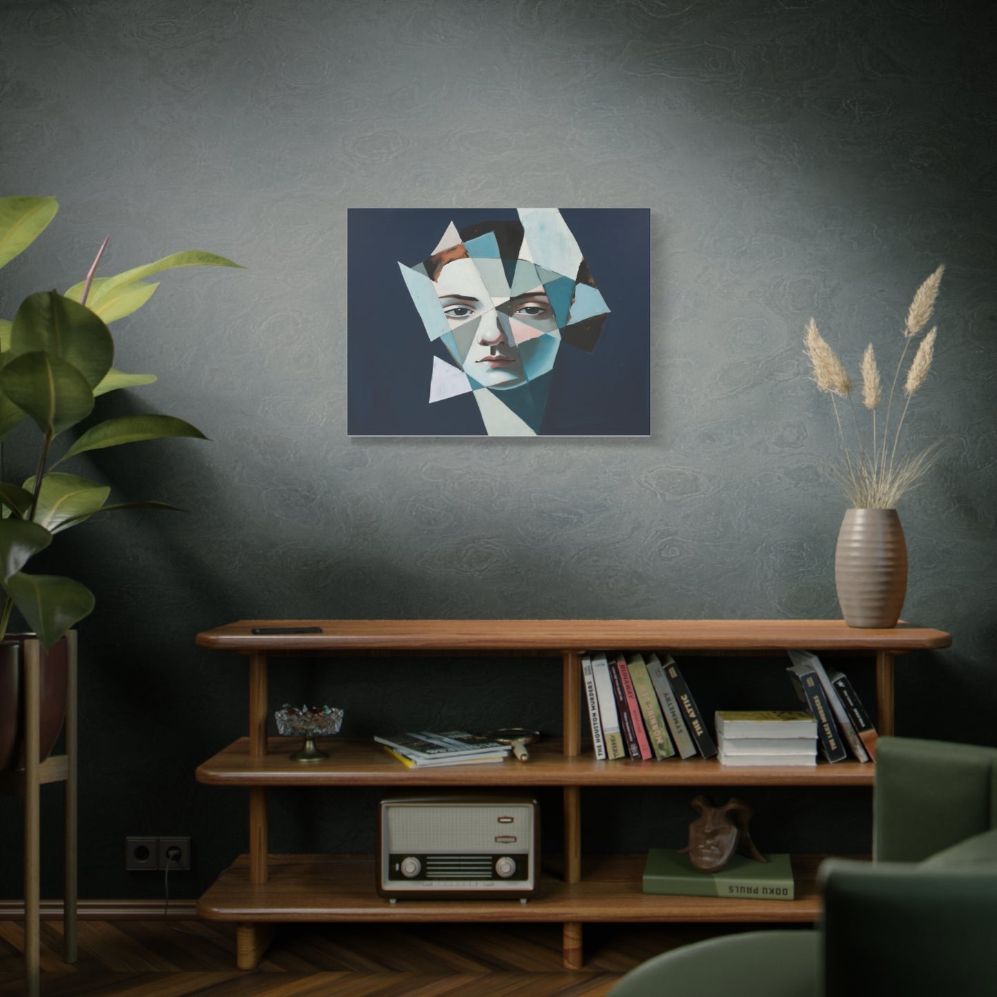 Fragmented Portrait Matte Canvas Art – Blue Abstract Face Wall Decor