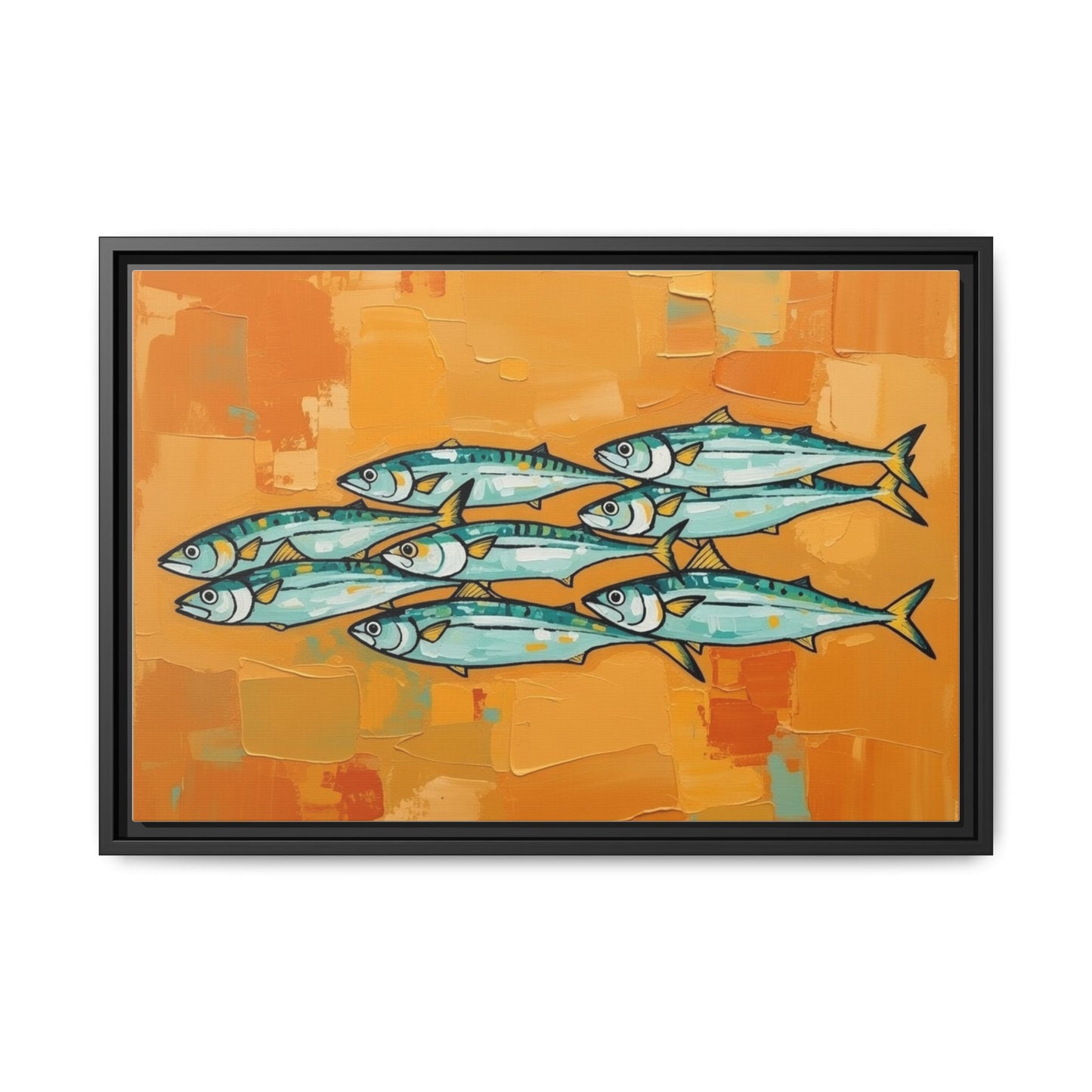 Framed Matte Canvas Print — School of Blue Fish on Orange Abstract Background