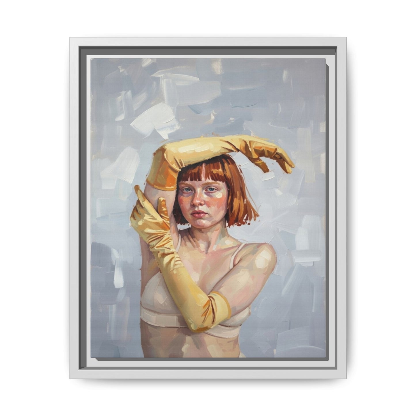 Contemporary Portrait Canvas Print — Woman with Yellow Gloves (Framed Matte)