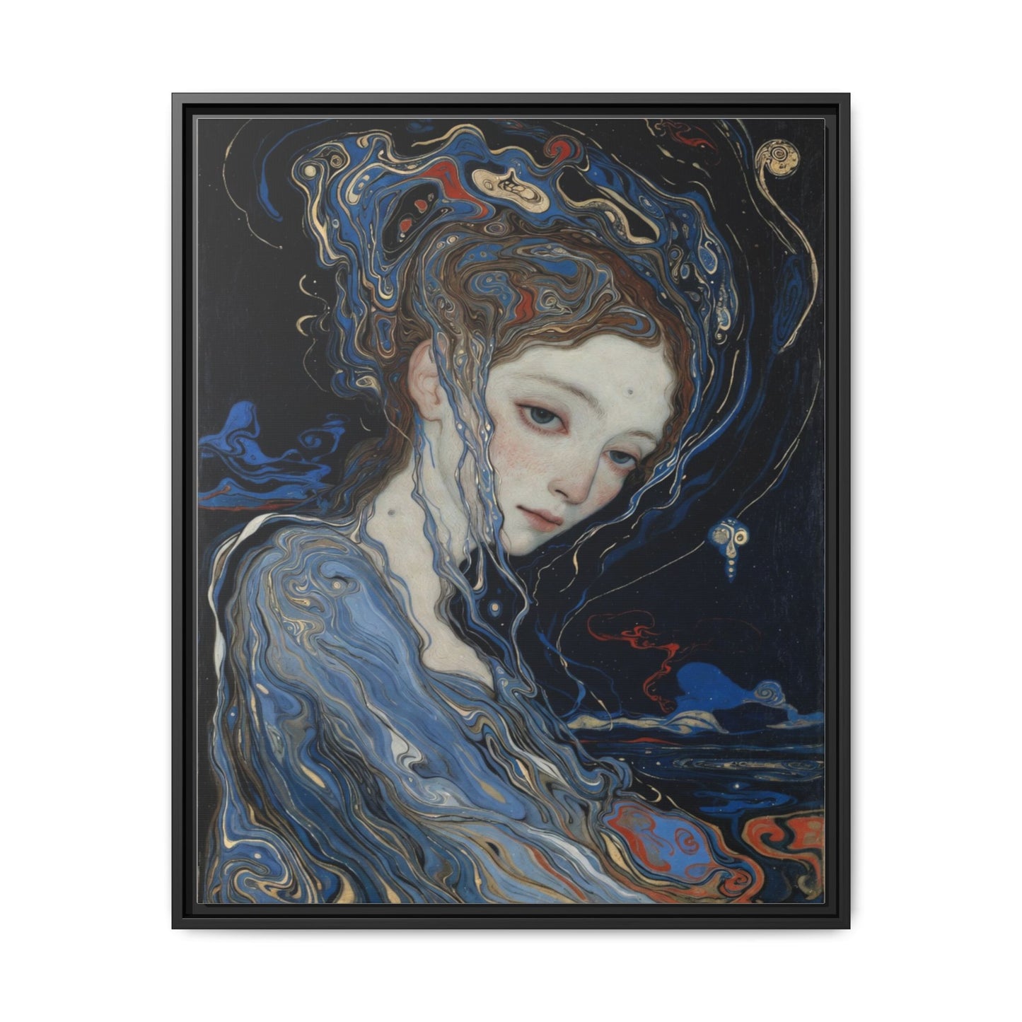 Framed Matte Canvas Art Print — Surreal Blue Maiden Portrait