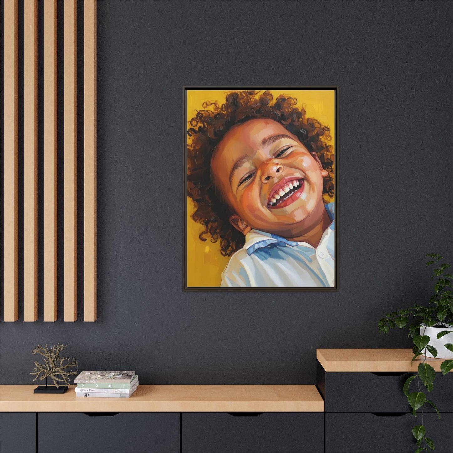 Framed Matte Canvas Print – Joyful Child Portrait, Colorful Nursery Wall Art