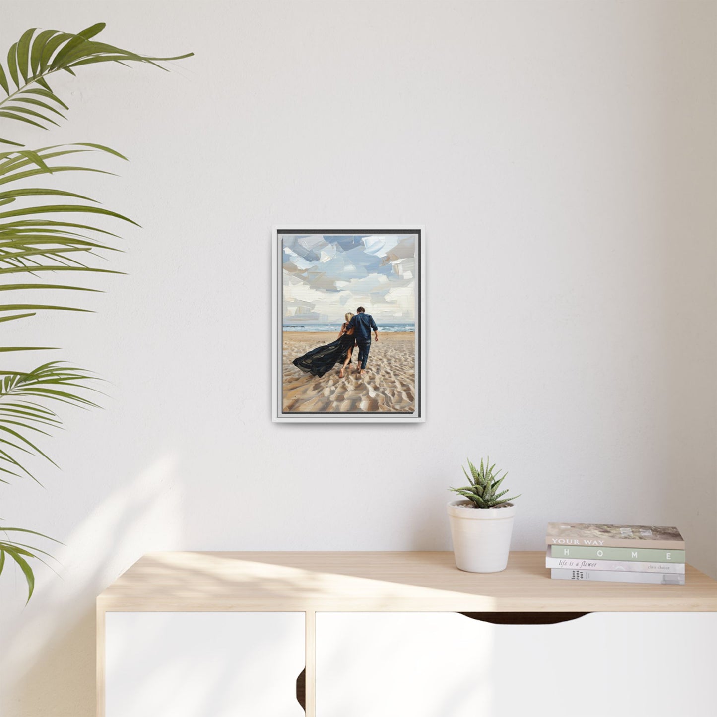 Framed Canvas Wall Art — Romantic Couple Walking on Beach Print