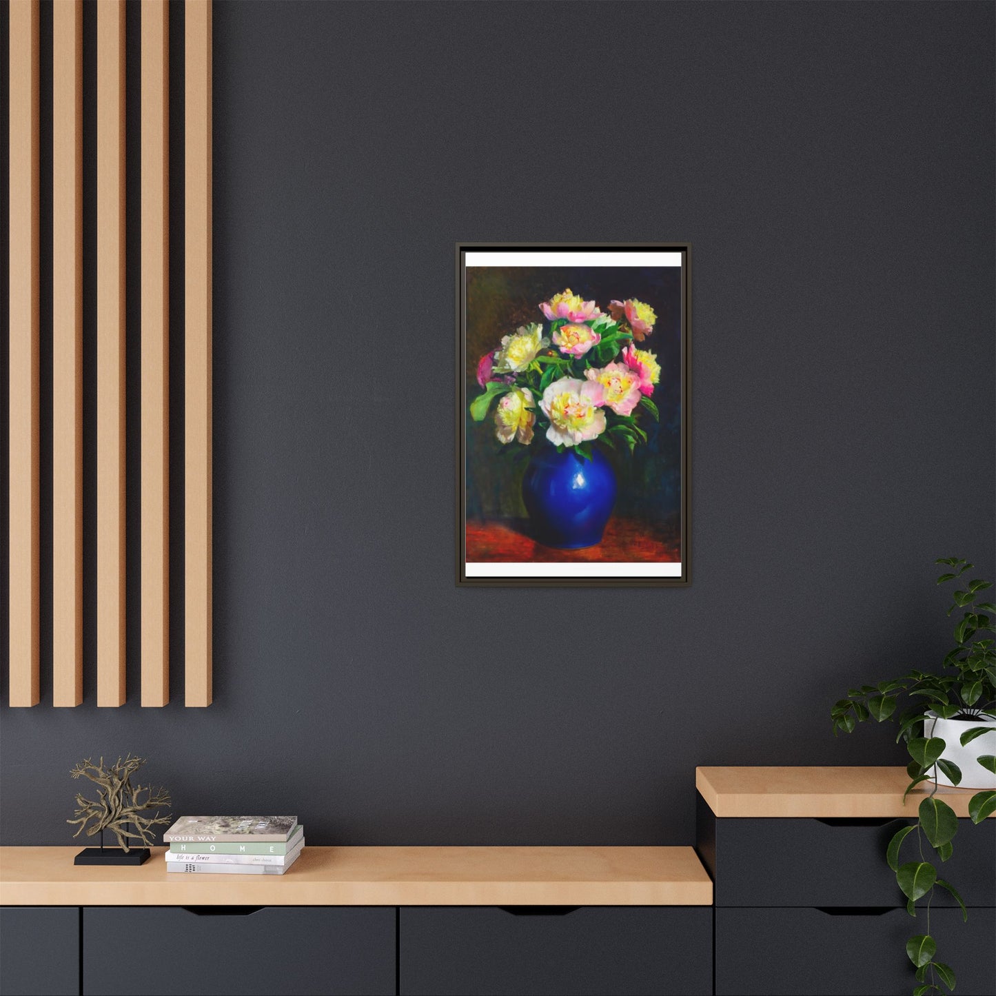 Framed Matte Canvas Wall Art — Vintage Floral Bouquet in Blue Vase