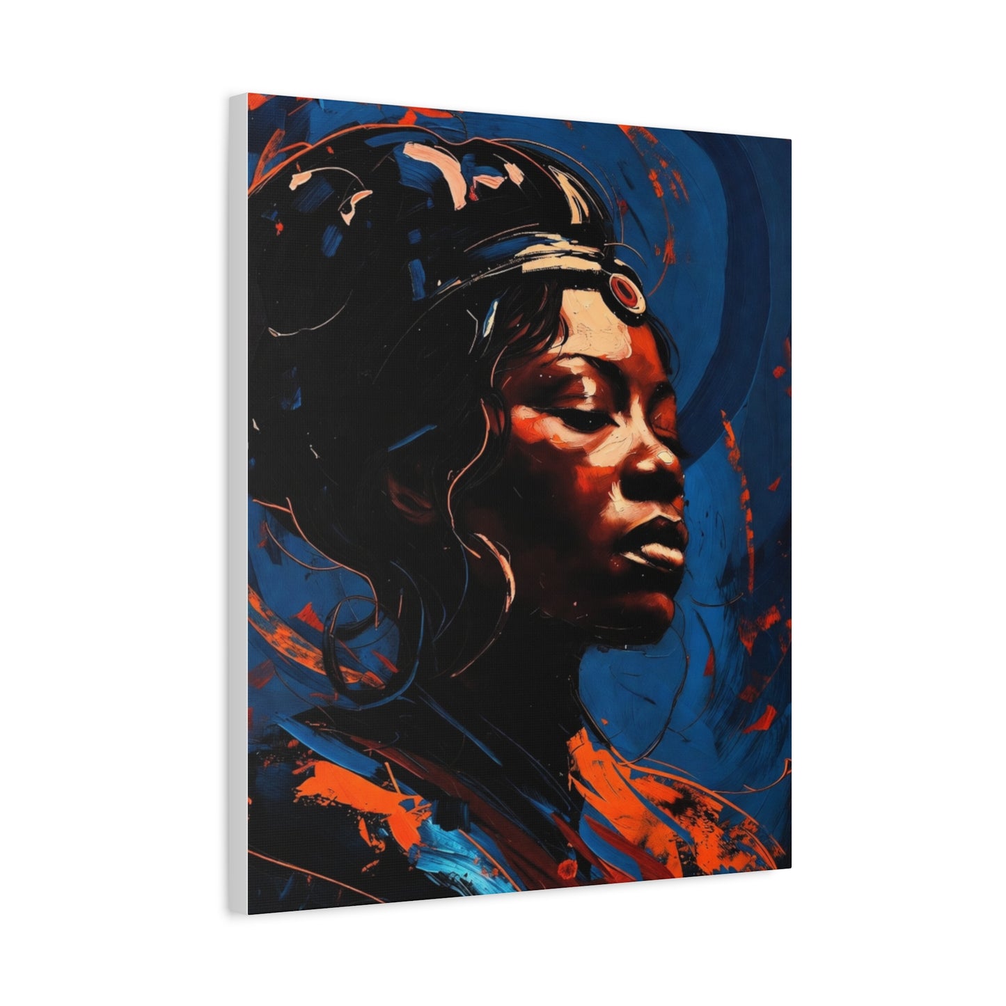Regal Afrocentric Portrait Matte Canvas Art – Vibrant Blue & Orange Stretched Wall Decor