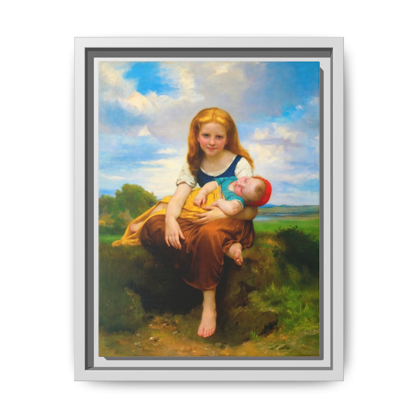 Young Girl Holding Sleeping Baby Canvas Print, Framed Wall Art