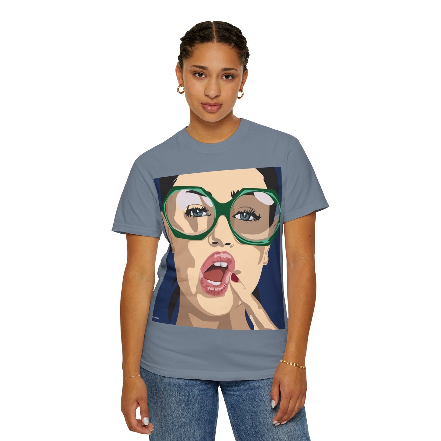 Pop Art Woman Graphic T‑Shirt — Retro Chic Green Glasses Design