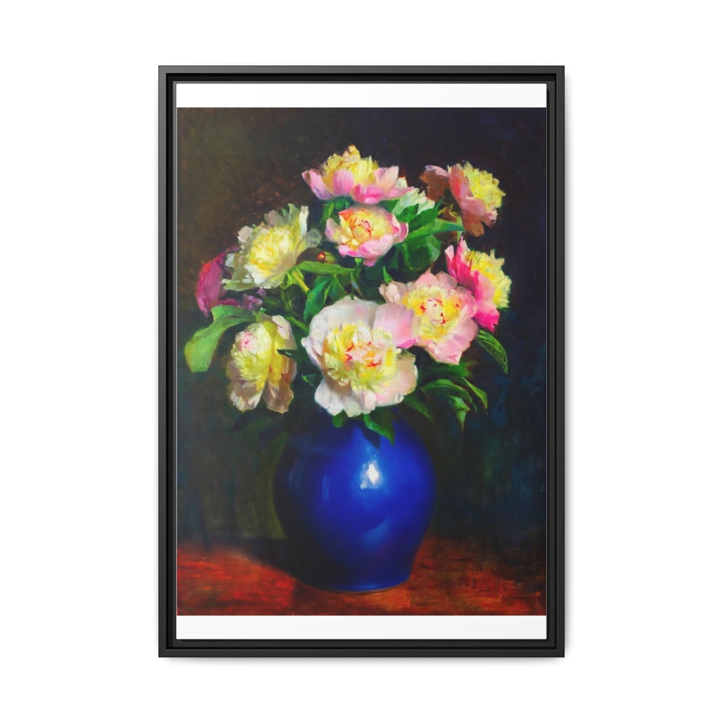 Framed Matte Canvas Wall Art — Vintage Floral Bouquet in Blue Vase