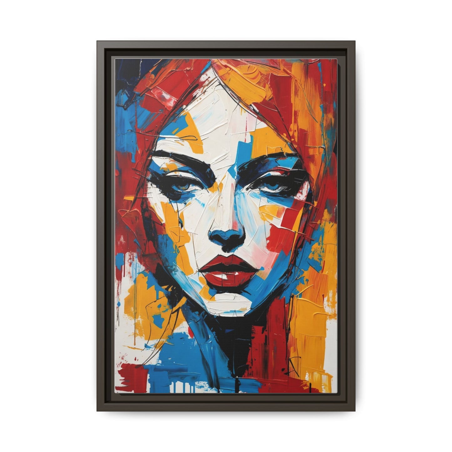 Framed Abstract Portrait Canvas — Colorful Female Face Wall Art