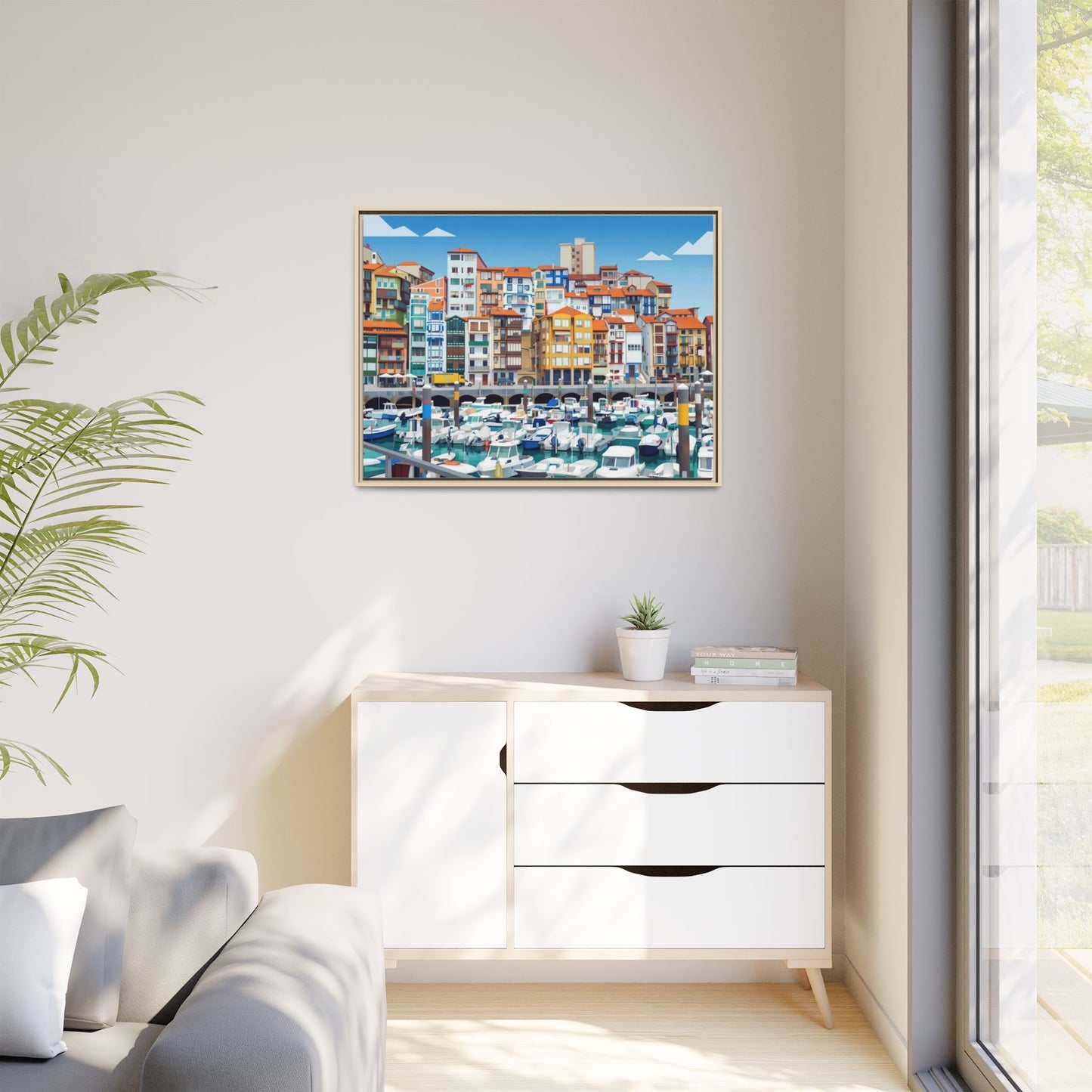 Framed Matte Canvas Print — Colorful Mediterranean Harbor Illustration