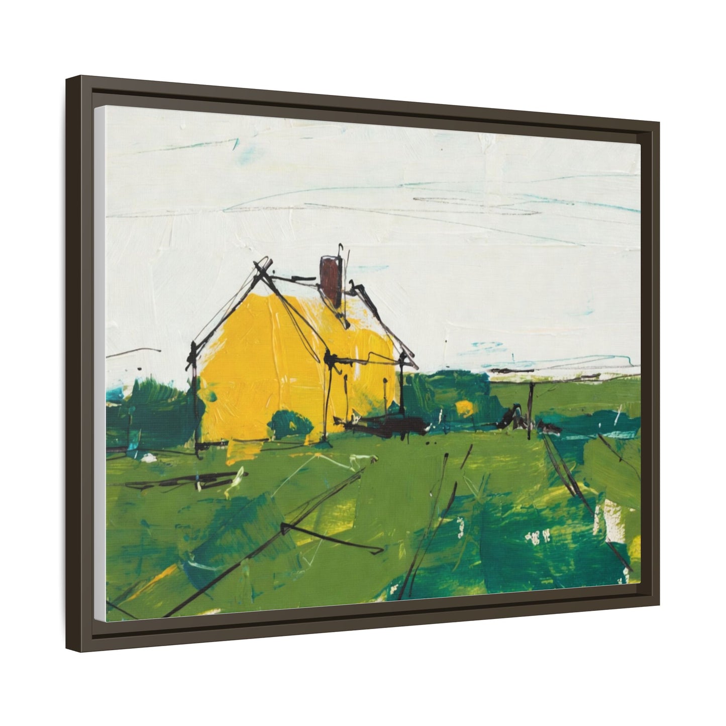 Yellow Cottage Landscape Framed Canvas Print