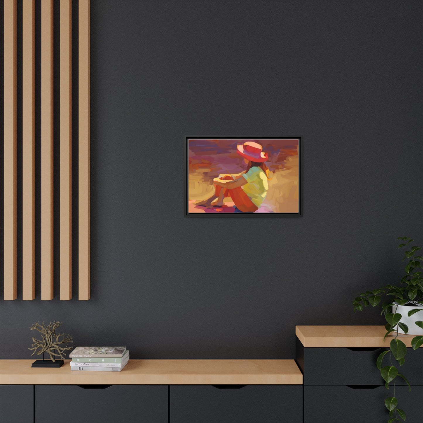 Framed Matte Canvas — Colorful Seated Girl Beach Art