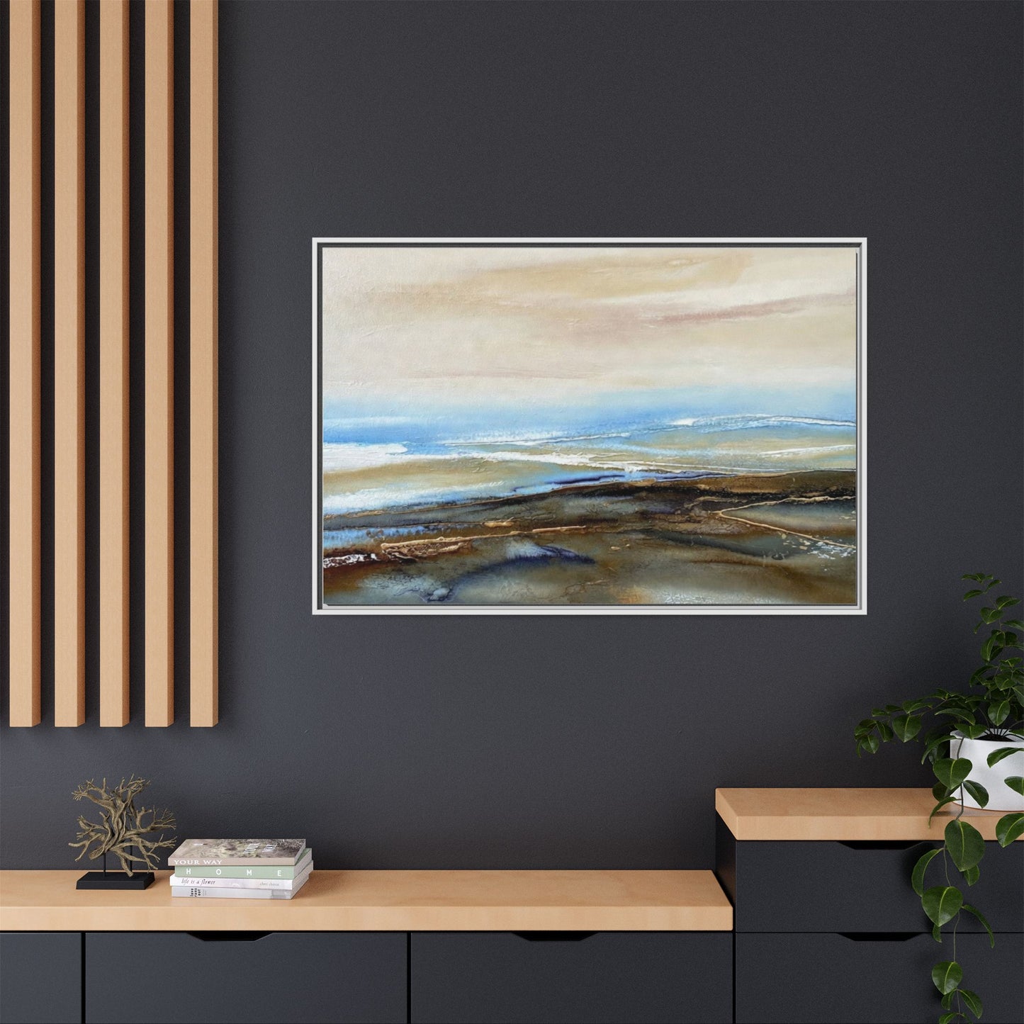 Framed Abstract Seascape Matte Canvas — Coastal Blue & Earth Tone Wall Art