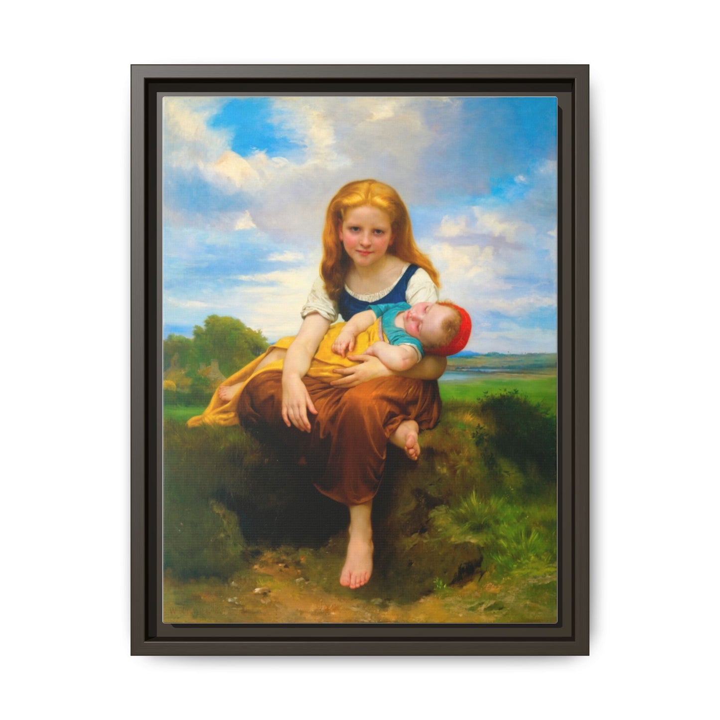 Young Girl Holding Sleeping Baby Canvas Print, Framed Wall Art