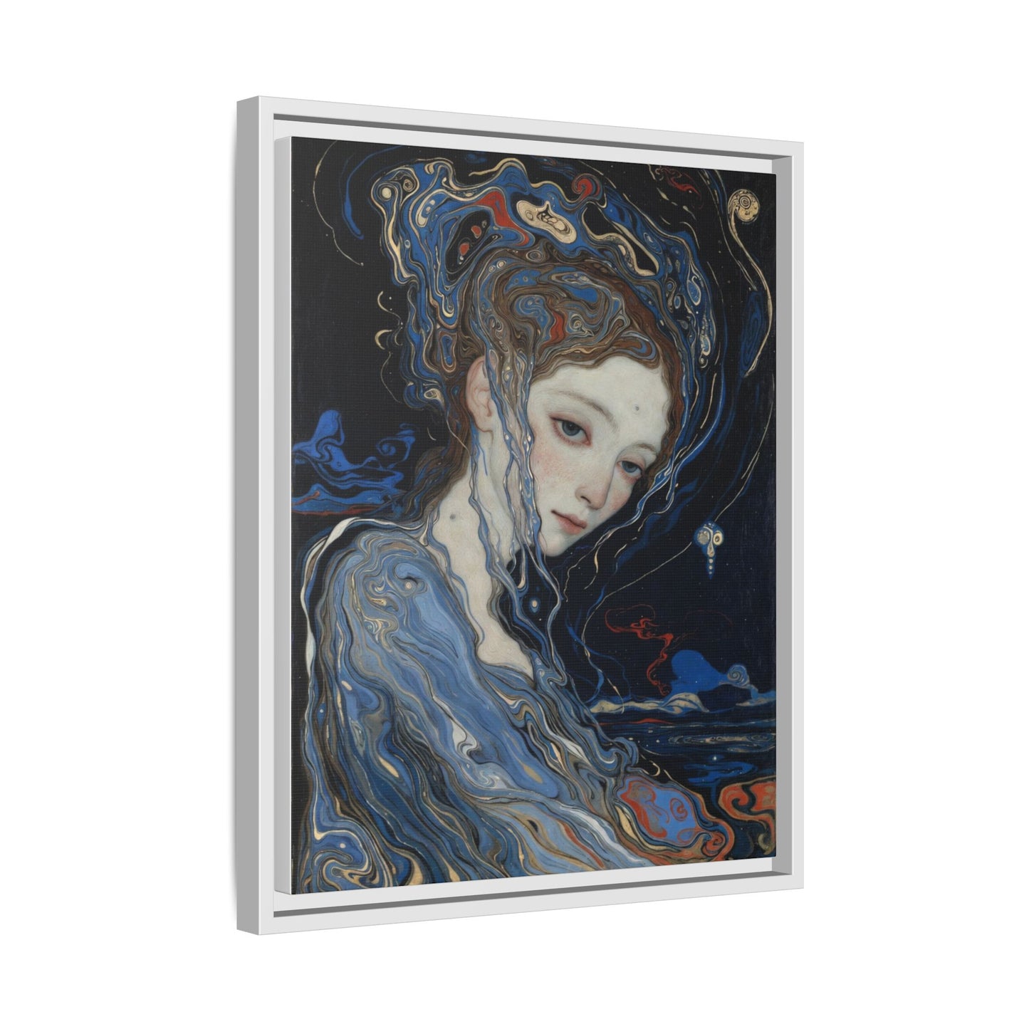 Framed Matte Canvas Art Print — Surreal Blue Maiden Portrait