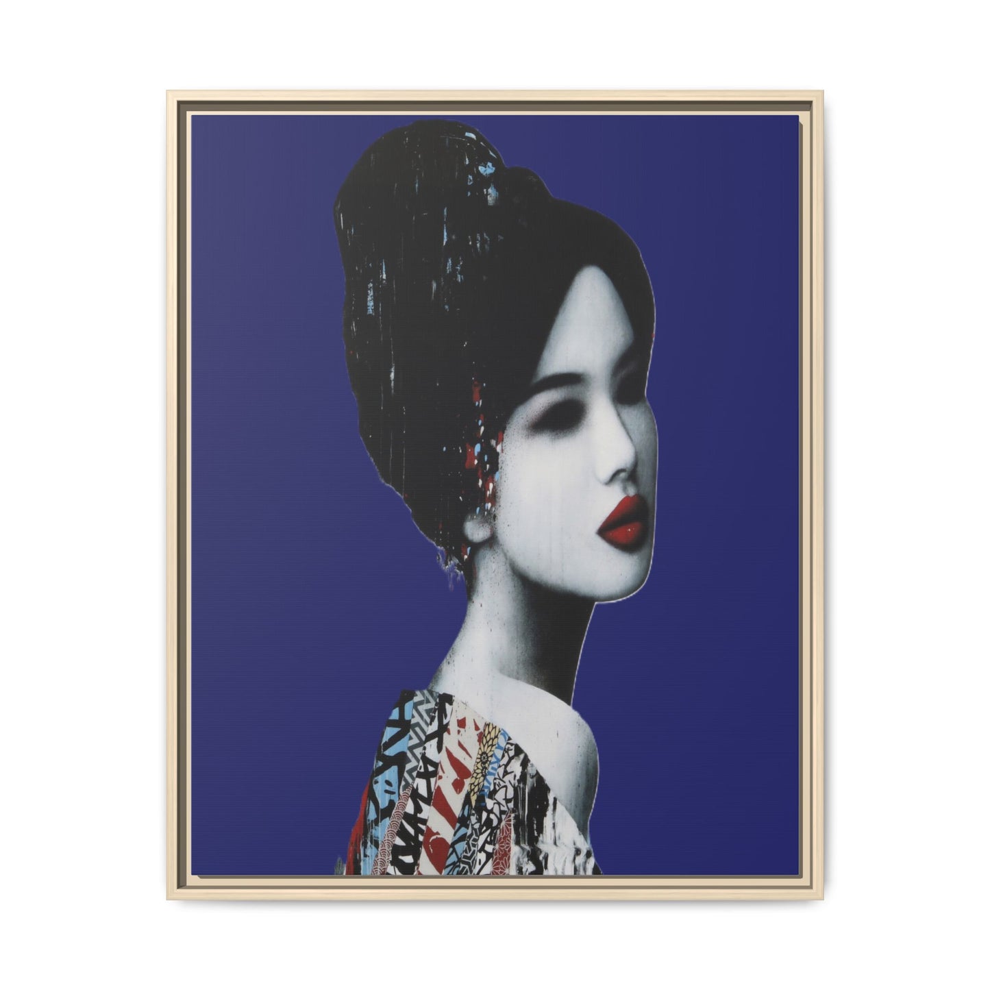 Framed Matte Canvas Art — Elegant Geisha Portrait on Deep Blue