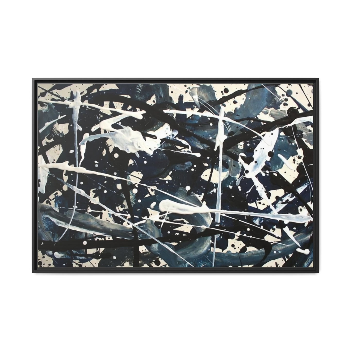 Abstract Splatter Matte Canvas Framed Wall Art — Black & Blue Modern Art Print