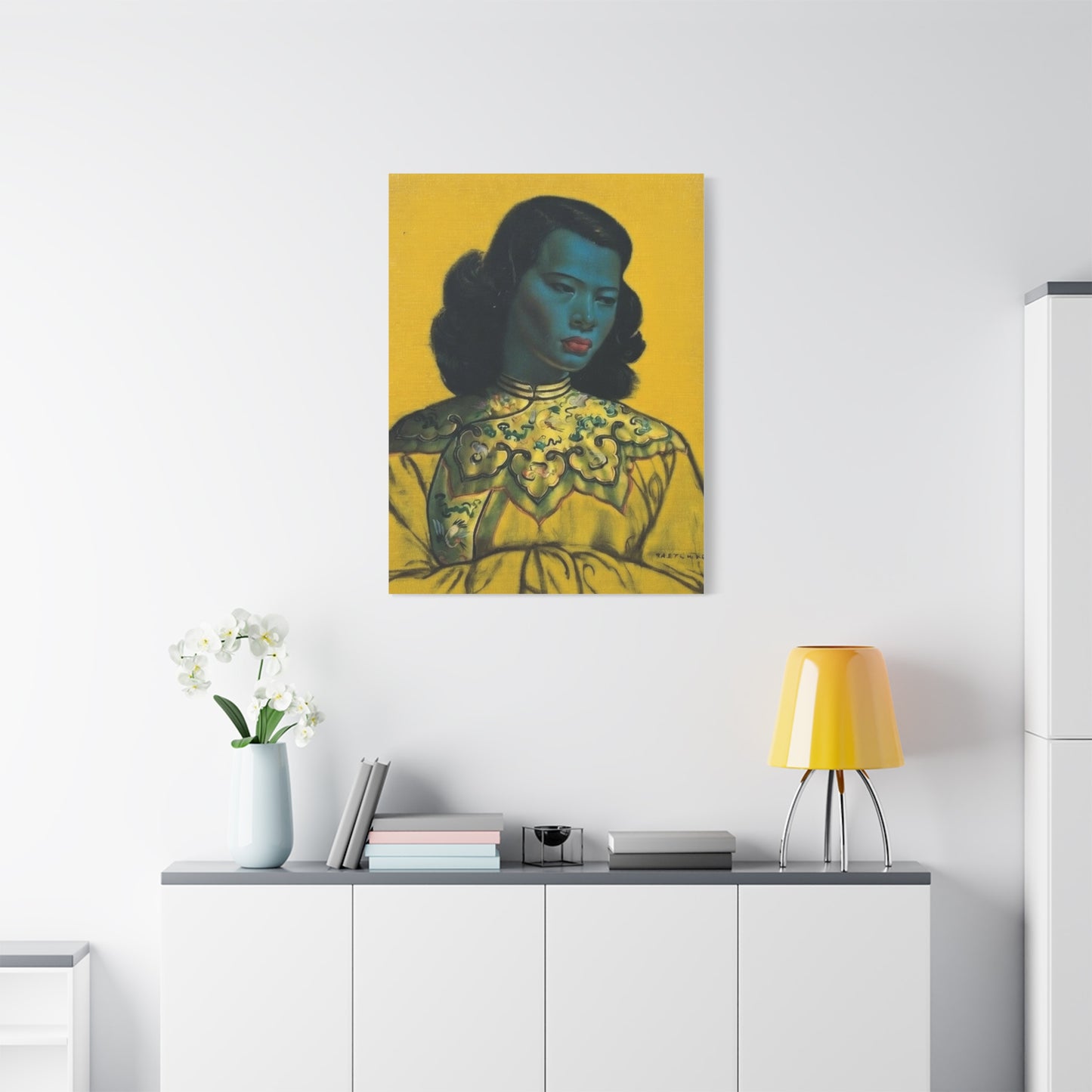 Vintage Portrait Canvas Print — Mid-Century Asian Woman Art on Yellow Background
