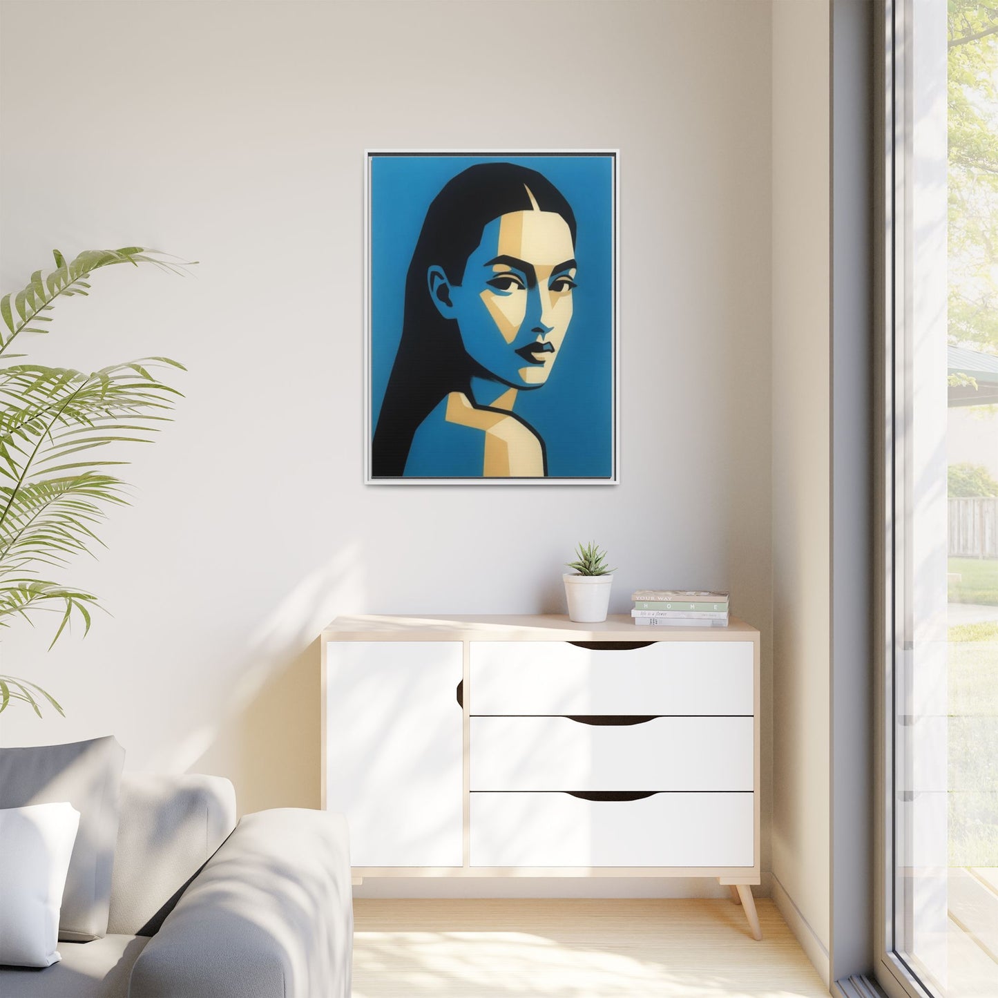 Framed Pop Art Portrait Canvas — Blue Geometric Woman Print