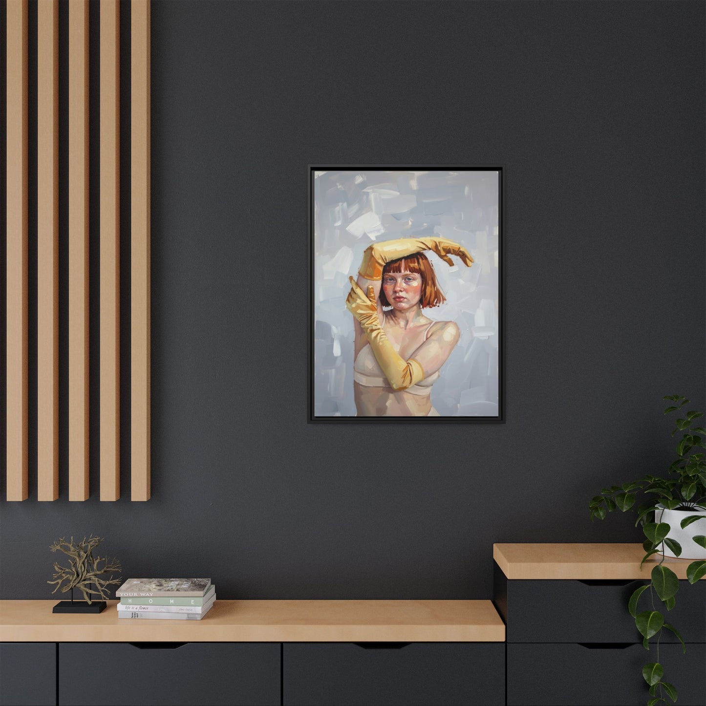 Contemporary Portrait Canvas Print — Woman with Yellow Gloves (Framed Matte)