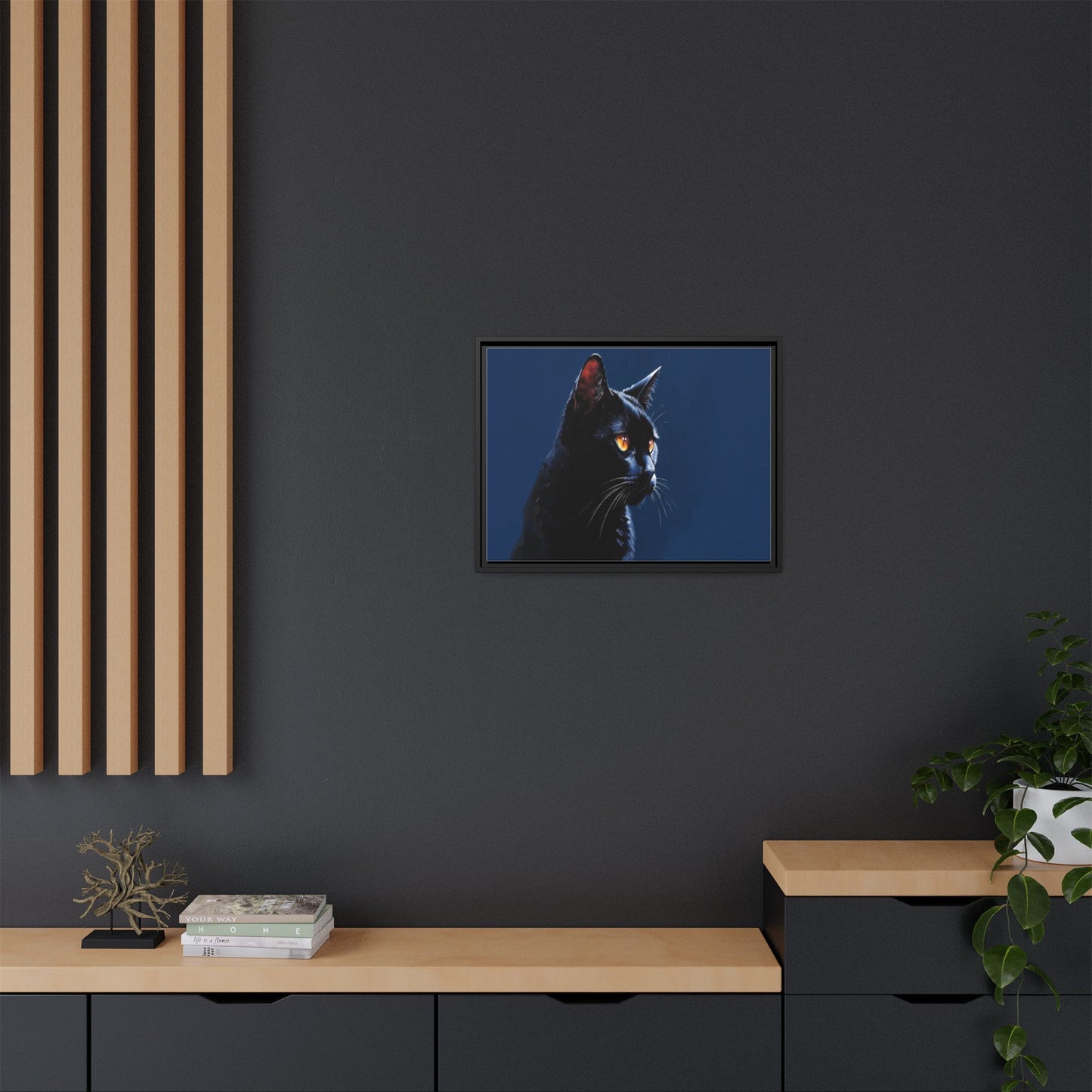 Black Cat Portrait Matte Canvas Framed Wall Art — Dramatic Feline Photo Print