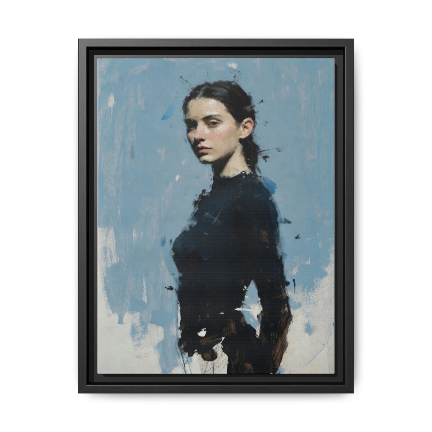Framed Matte Canvas Portrait Print — Elegant Blue Woman Art