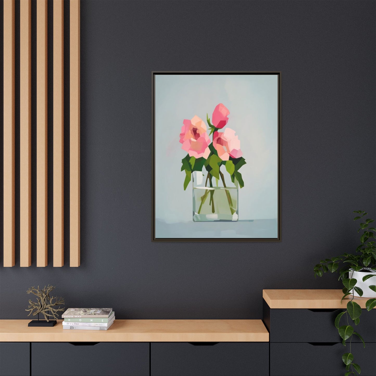 Framed Floral Canvas Print — Pink Roses in Glass Vase (Matte)