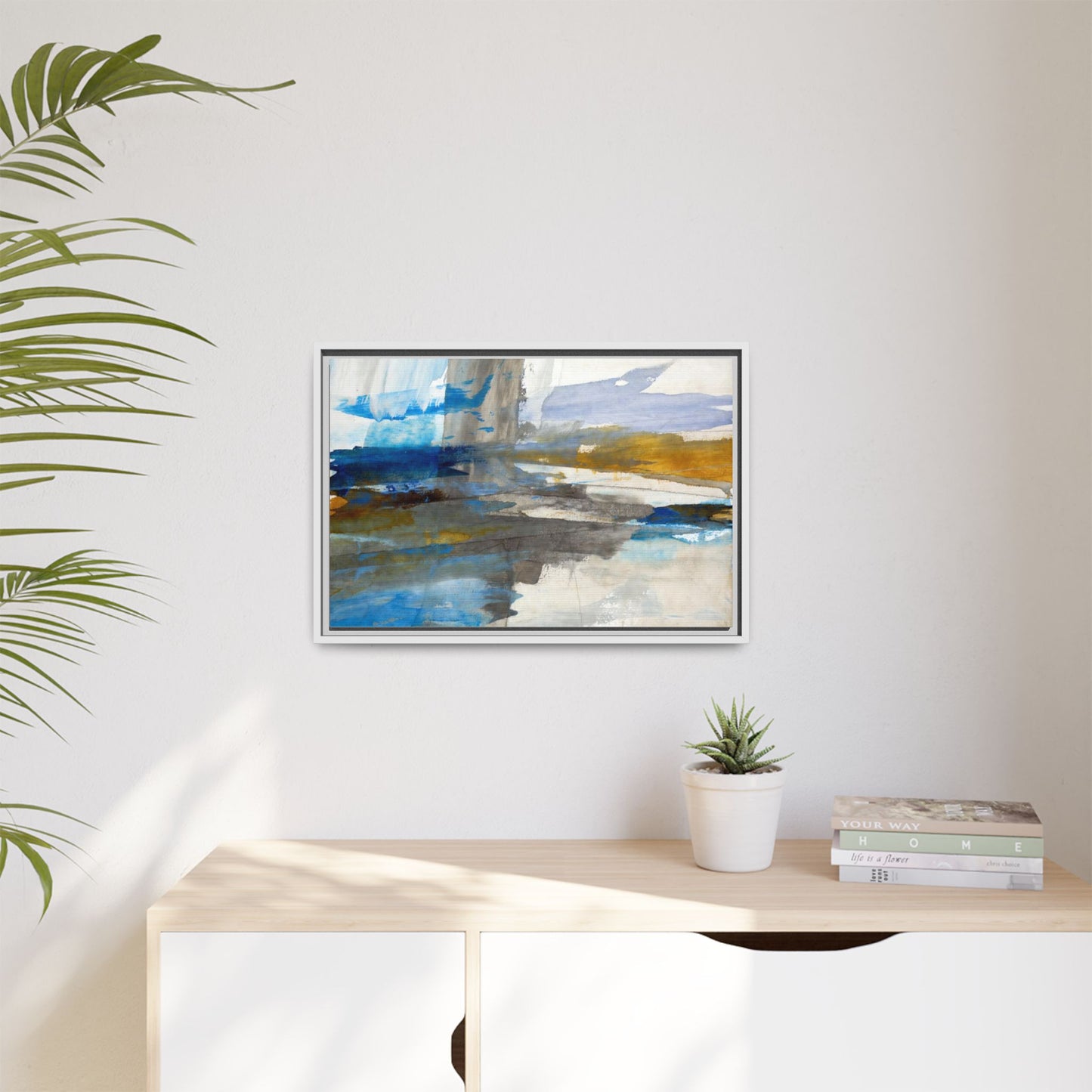 Abstract Blue & Gold Framed Canvas Art — Matte Multi-Color Wall Print