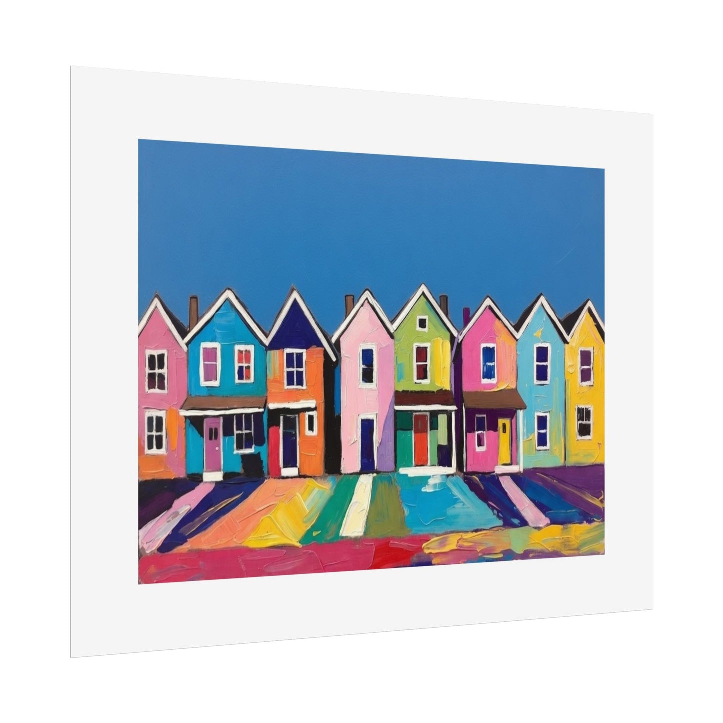 Colorful Row Houses Art Poster — Vibrant Coastal Street Wall Print