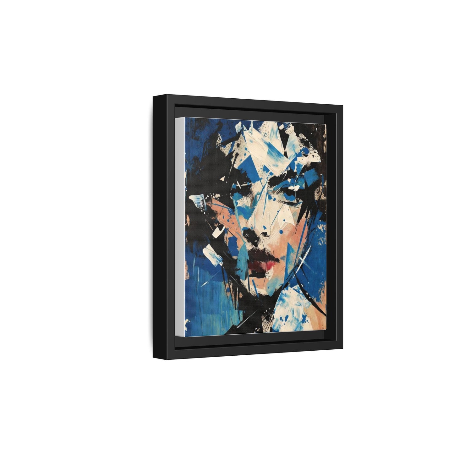 Abstract Portrait Matte Canvas Framed Wall Art — Blue Mixed-Media Face Print