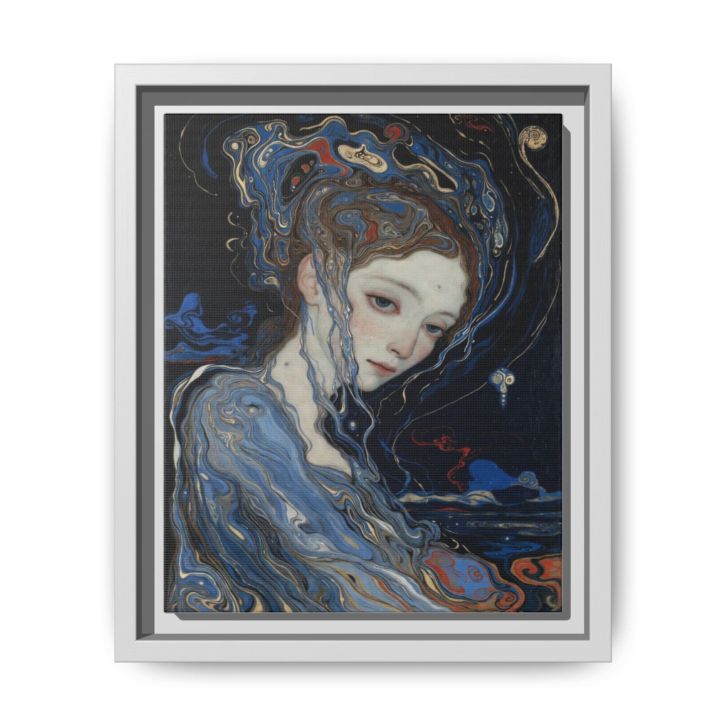 Framed Matte Canvas Art Print — Surreal Blue Maiden Portrait