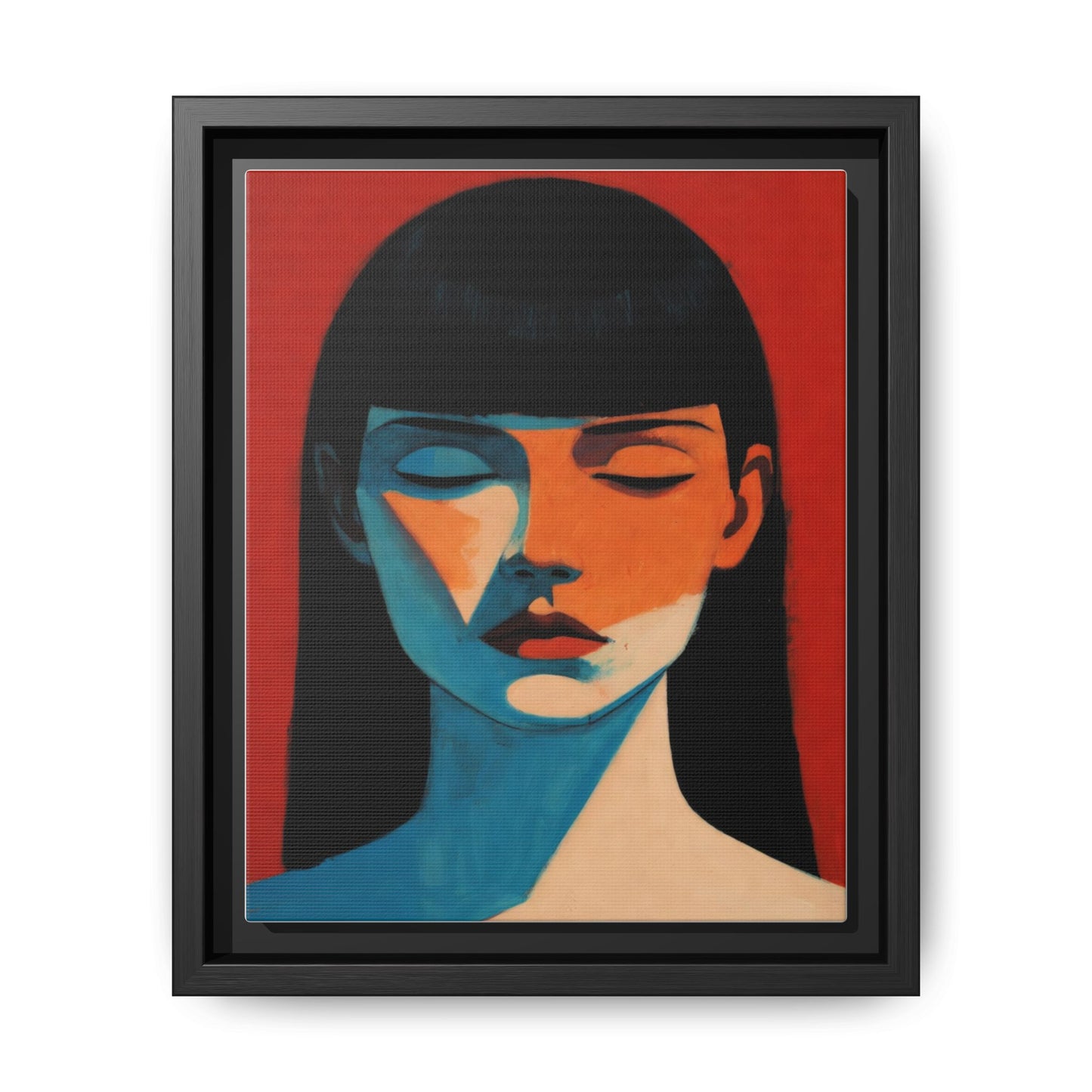Framed Matte Canvas Art – Minimalist Portrait in Red & Teal