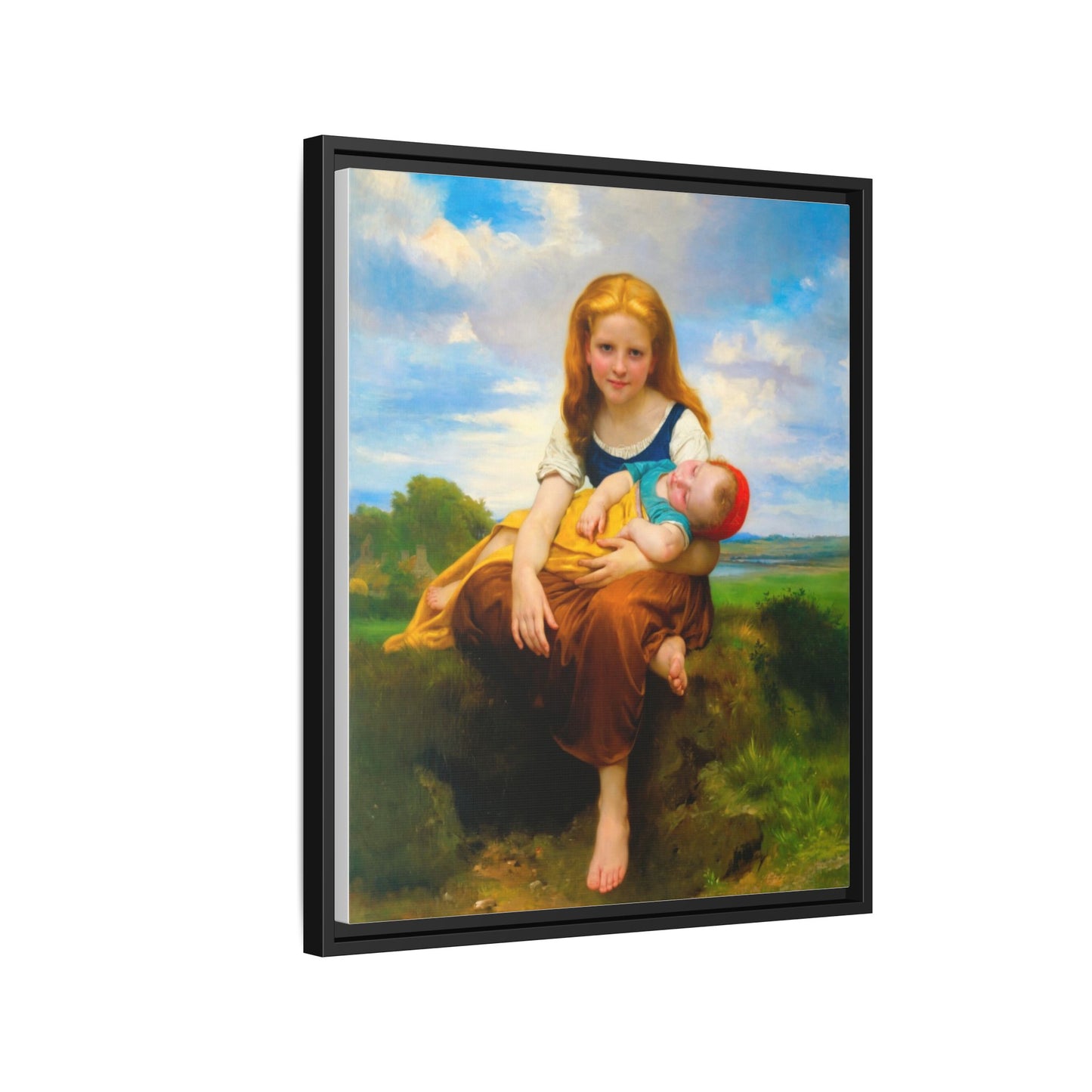 Young Girl Holding Sleeping Baby Canvas Print, Framed Wall Art