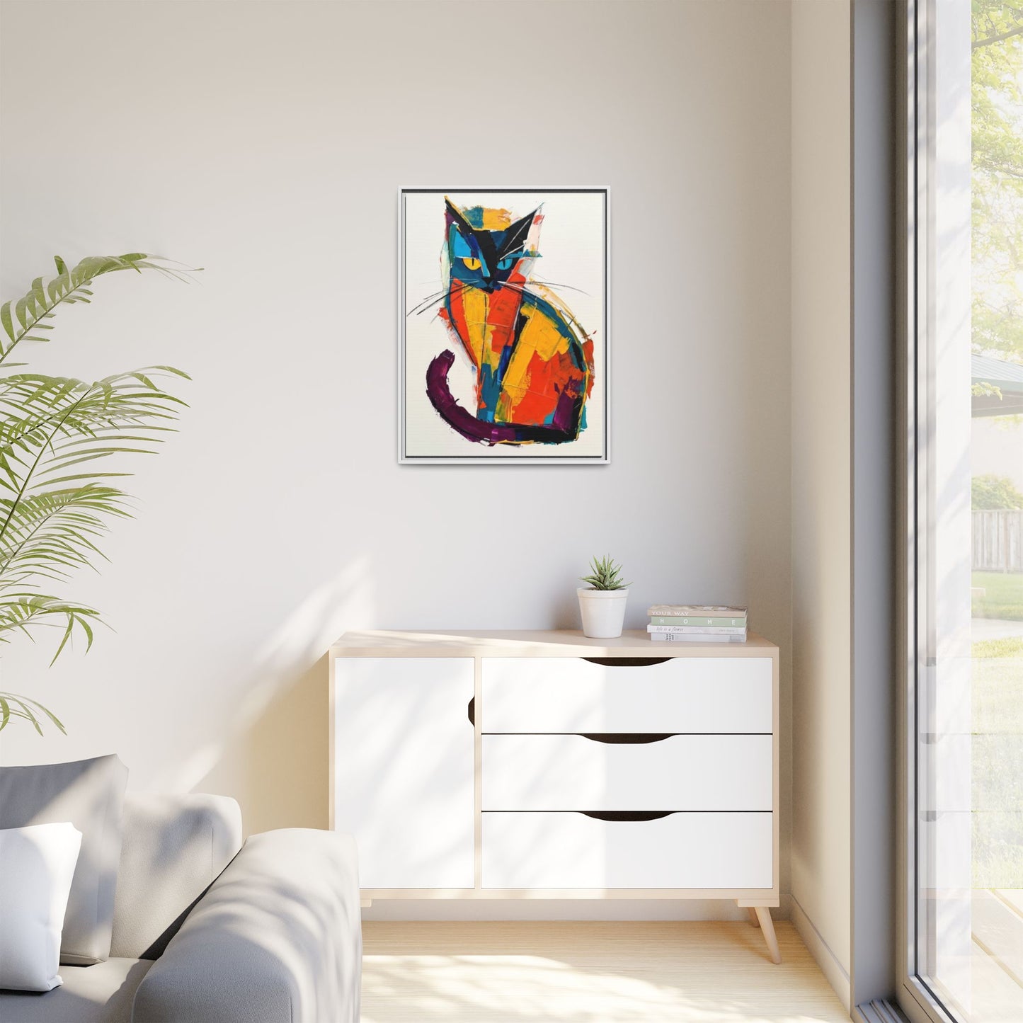 Colorful Abstract Cat Framed Canvas — Modern Matte Wall Art
