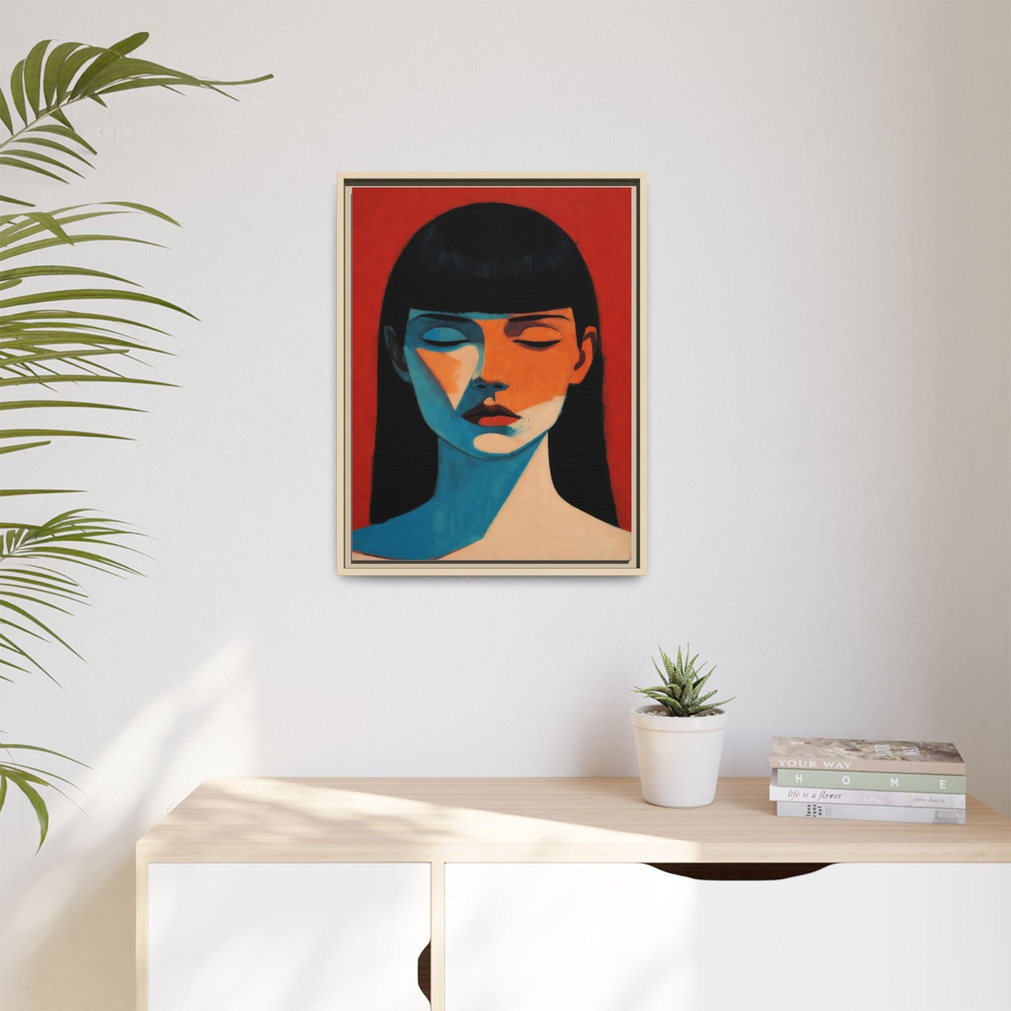 Framed Matte Canvas Art – Minimalist Portrait in Red & Teal