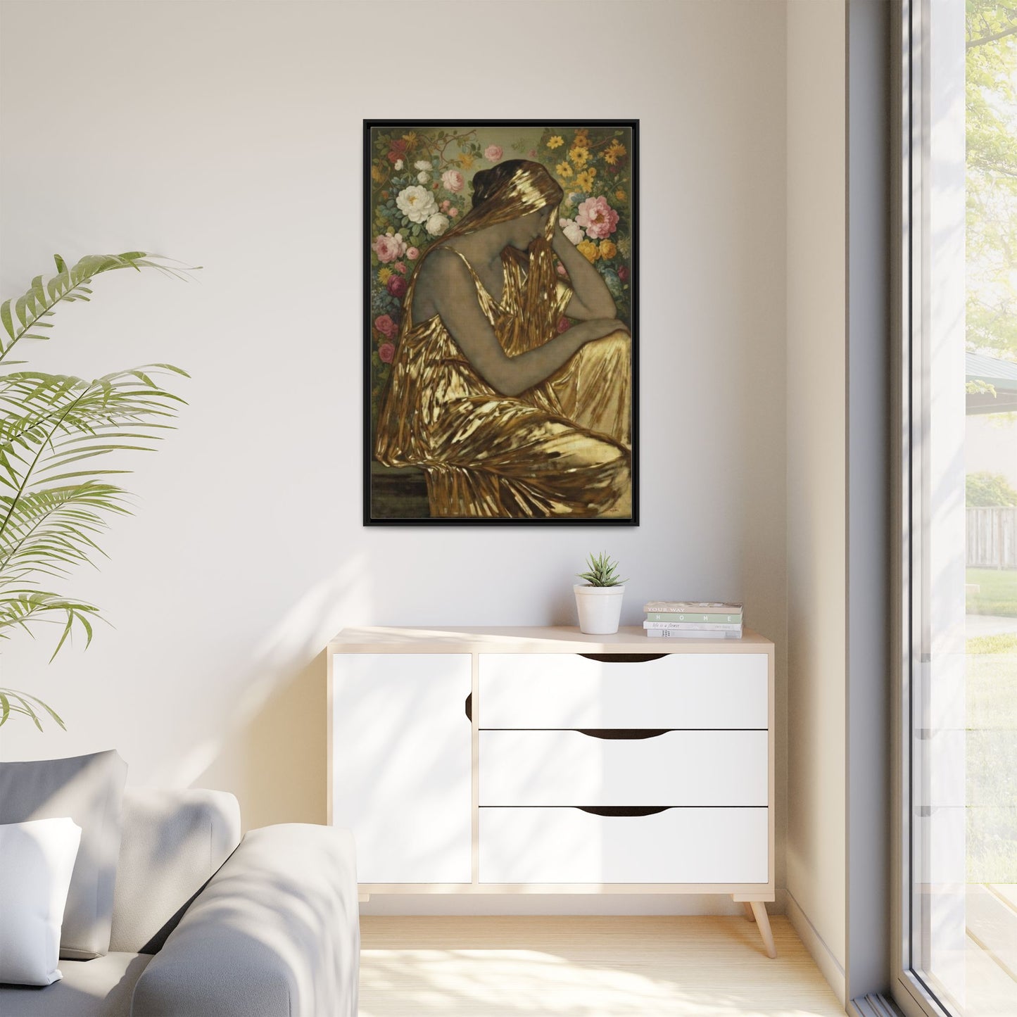Framed Canvas Art Print — Golden Muse Woman with Floral Background
