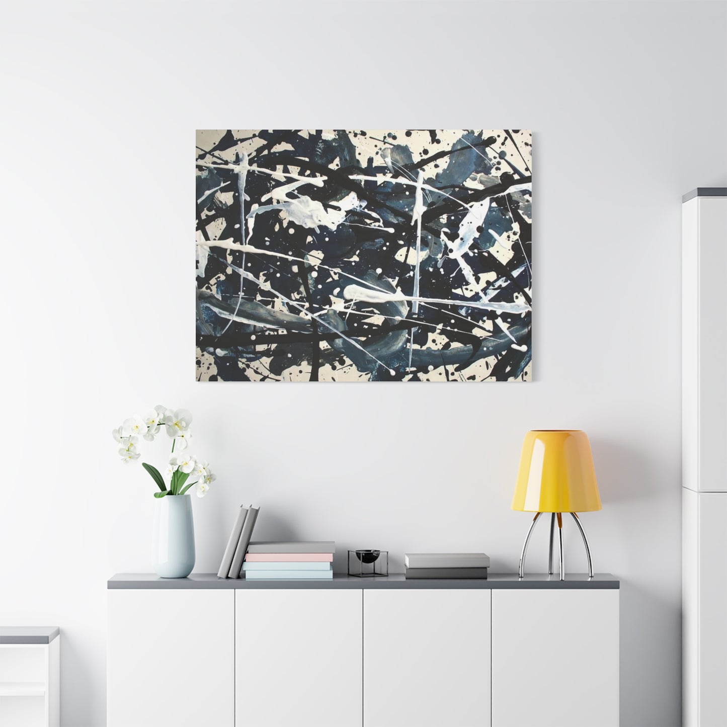 Abstract Drip Painting Canvas Print — Blue & Black Modern Wall Art (Matte Stretched)