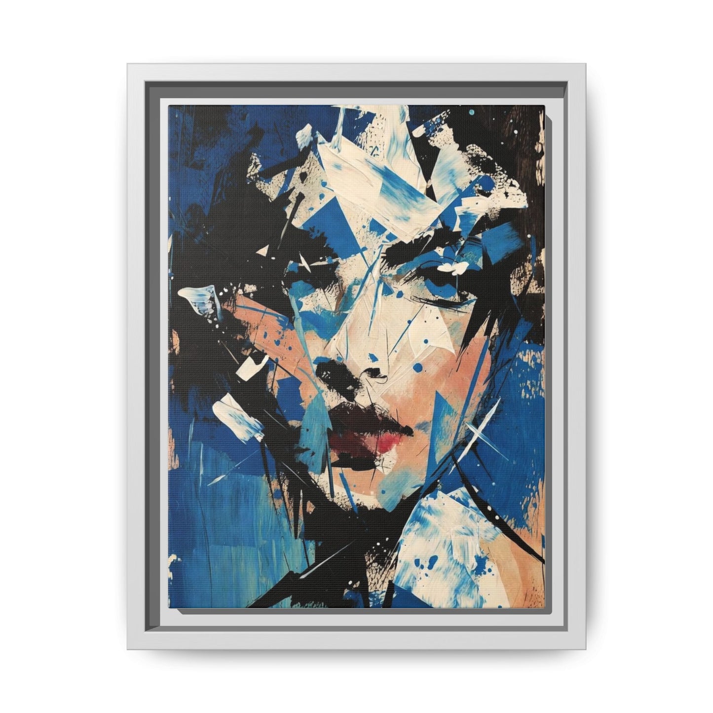 Abstract Portrait Matte Canvas Framed Wall Art — Blue Mixed-Media Face Print