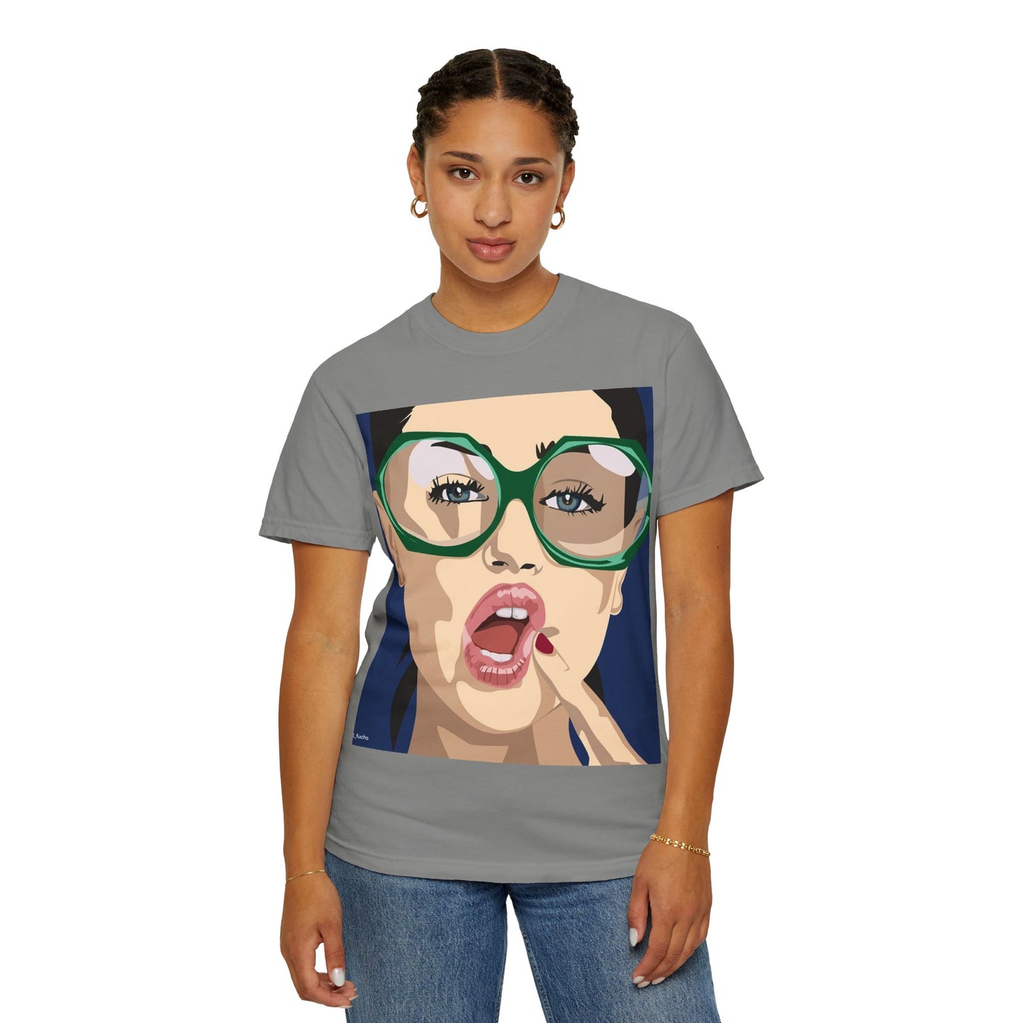 Pop Art Woman Graphic T‑Shirt — Retro Chic Green Glasses Design