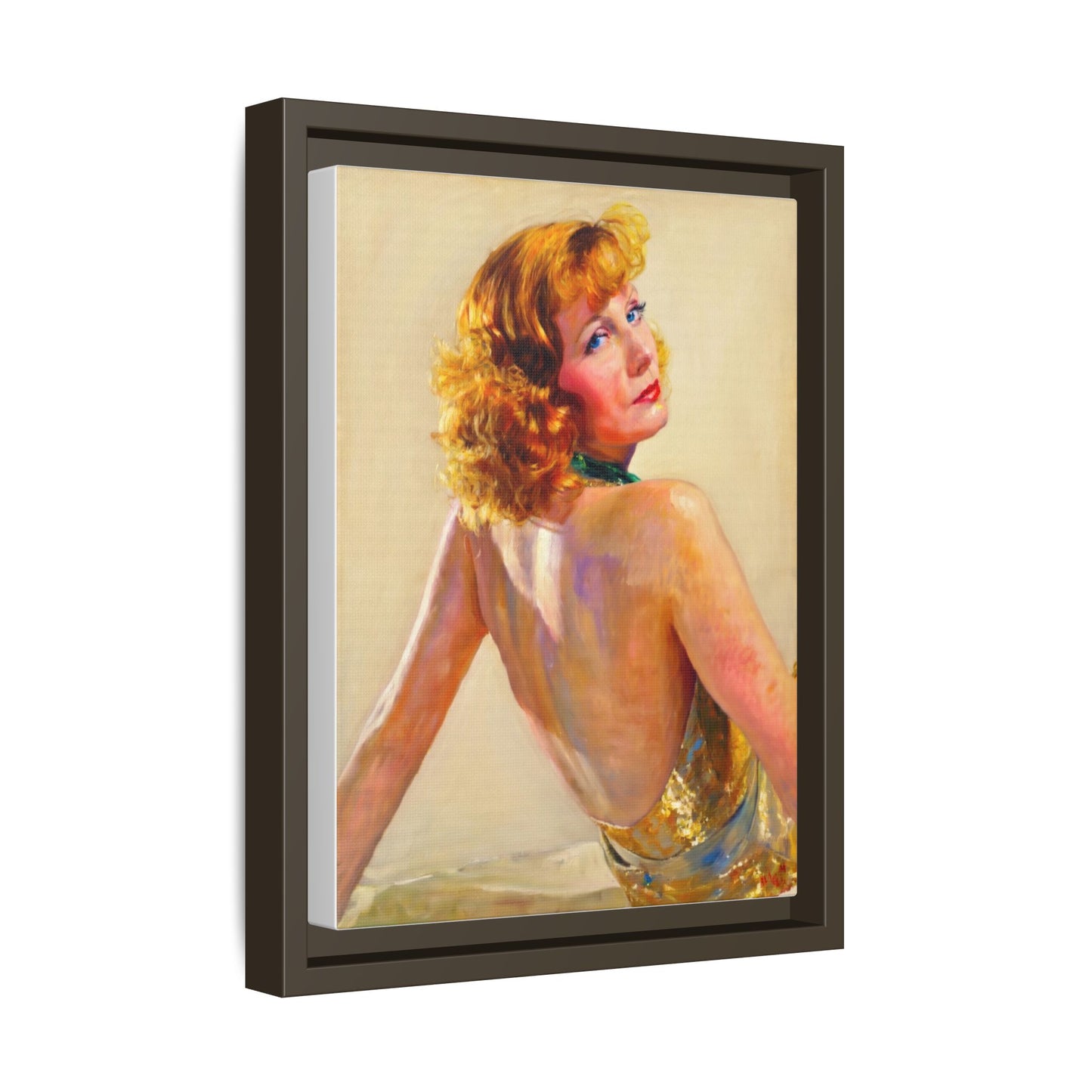 Framed Matte Canvas Print — Vintage Portrait of Redhead Greta Garbo in Gold Dress
