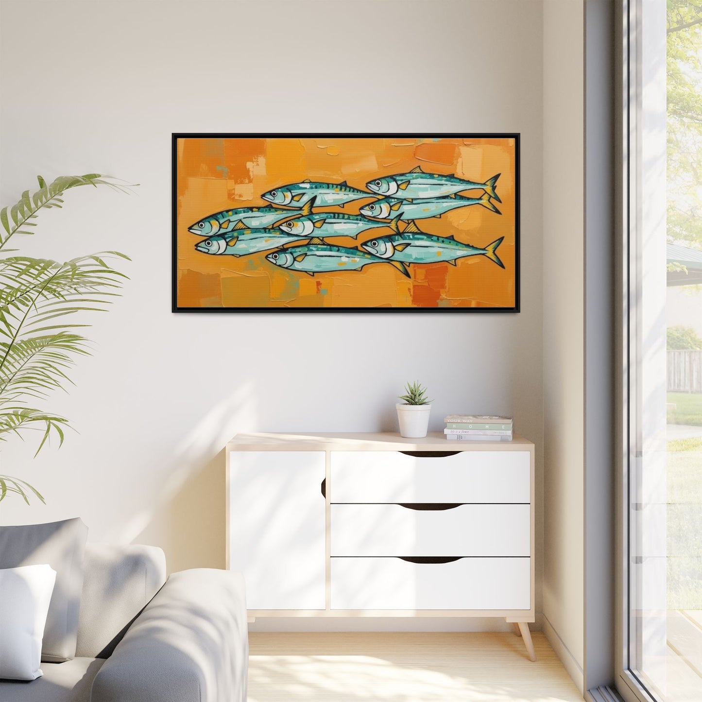 Framed Matte Canvas Print — School of Blue Fish on Orange Abstract Background