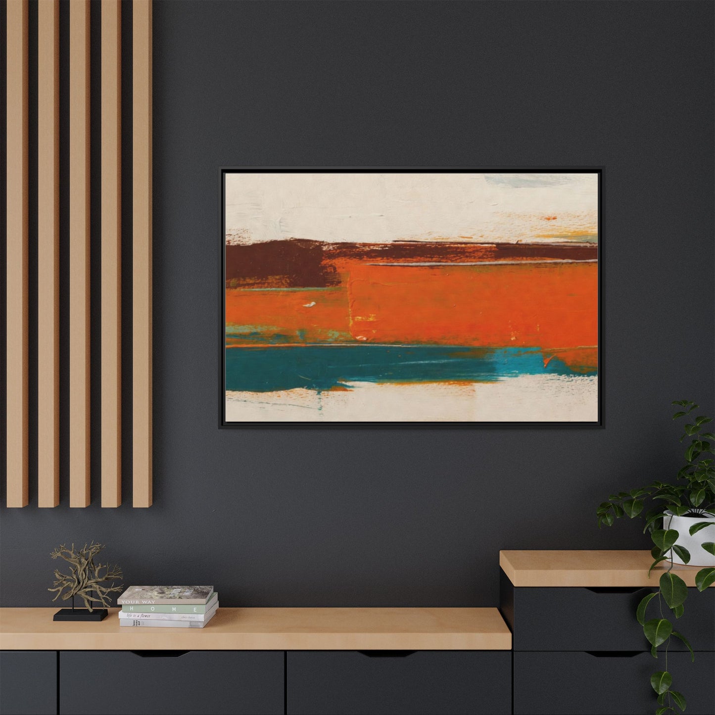 Abstract Horizon Matte Canvas Framed Print — Modern Orange Teal Wall Art