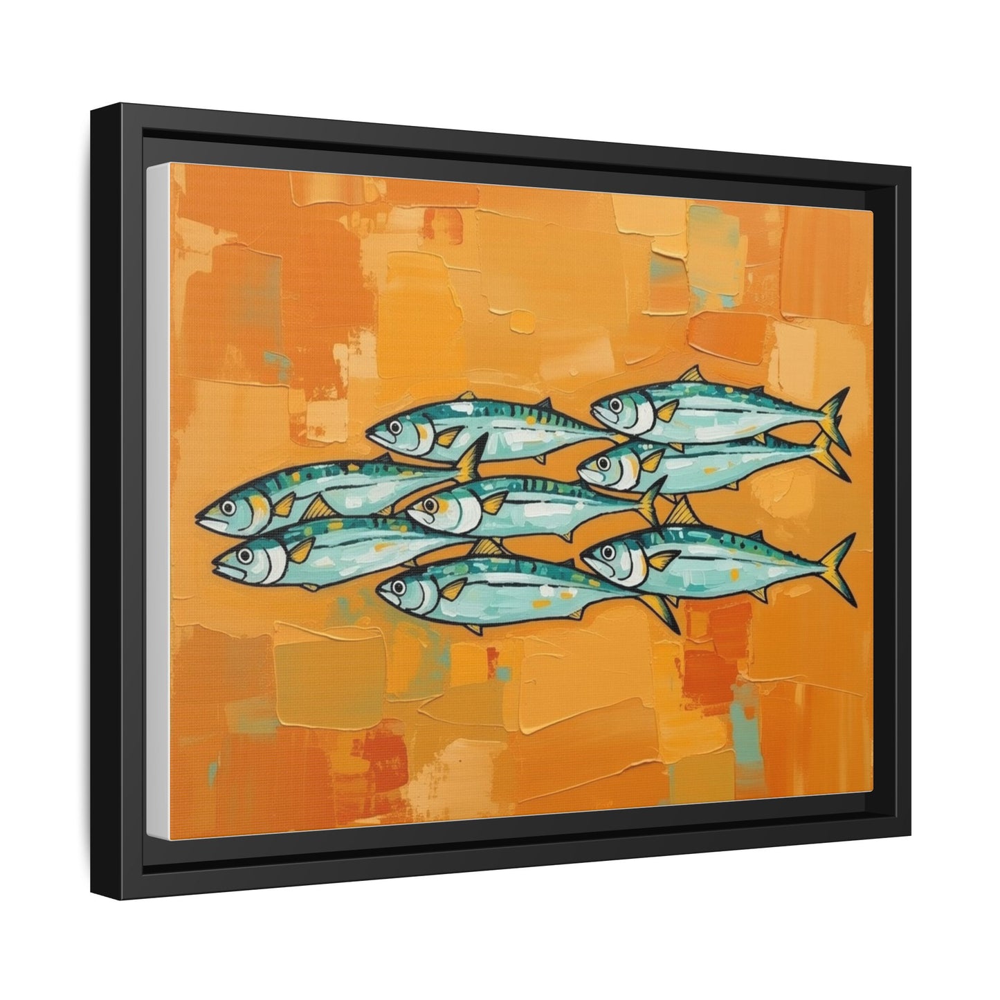 Framed Matte Canvas Print — School of Blue Fish on Orange Abstract Background