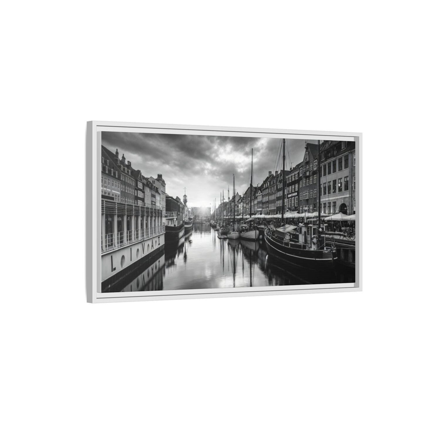 Framed Matte Canvas: Black & White Dutch Canal Photography Wall Art