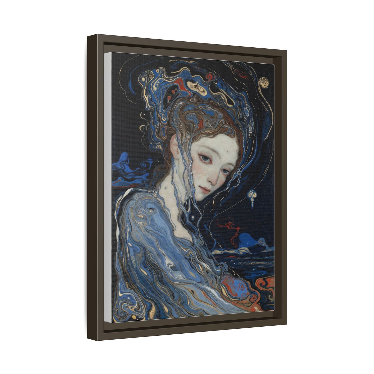 Framed Matte Canvas Art Print — Surreal Blue Maiden Portrait