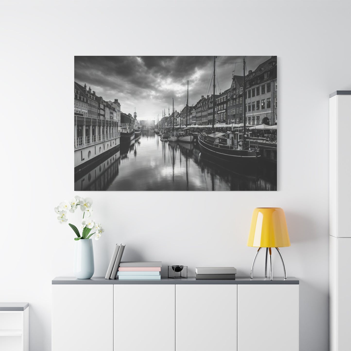 Black & White Harbor Canvas Print — Dramatic Copenhagen Cityscape Wall Art