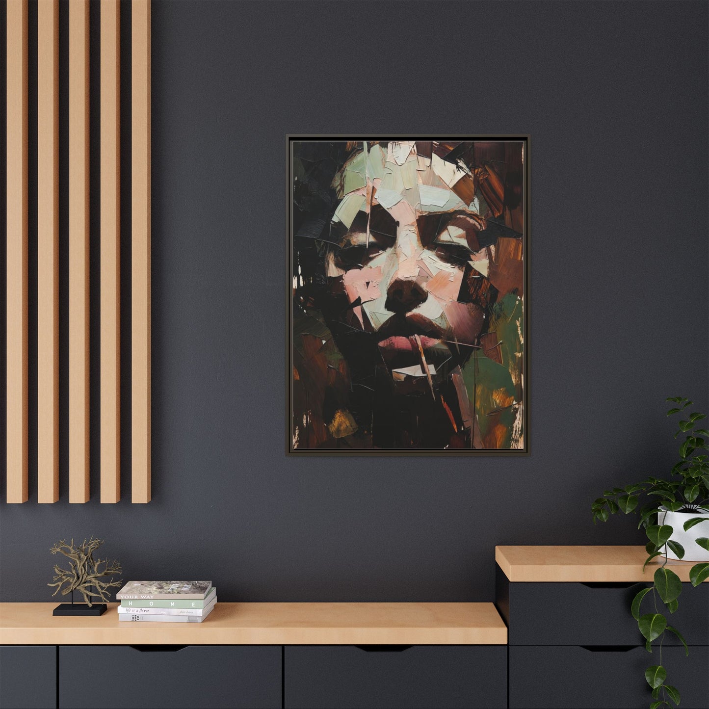 Matte Framed Canvas Art — Abstract Female Portrait, Moody Multicolor