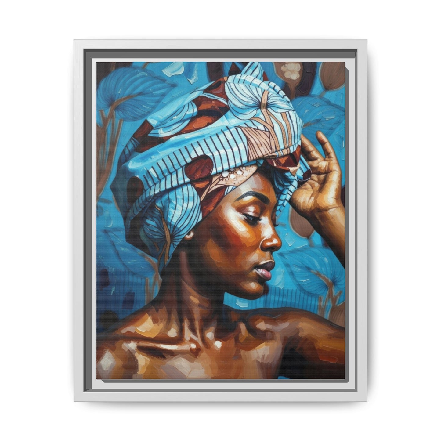 Framed Canvas Art — Portrait of Woman in Blue Headwrap