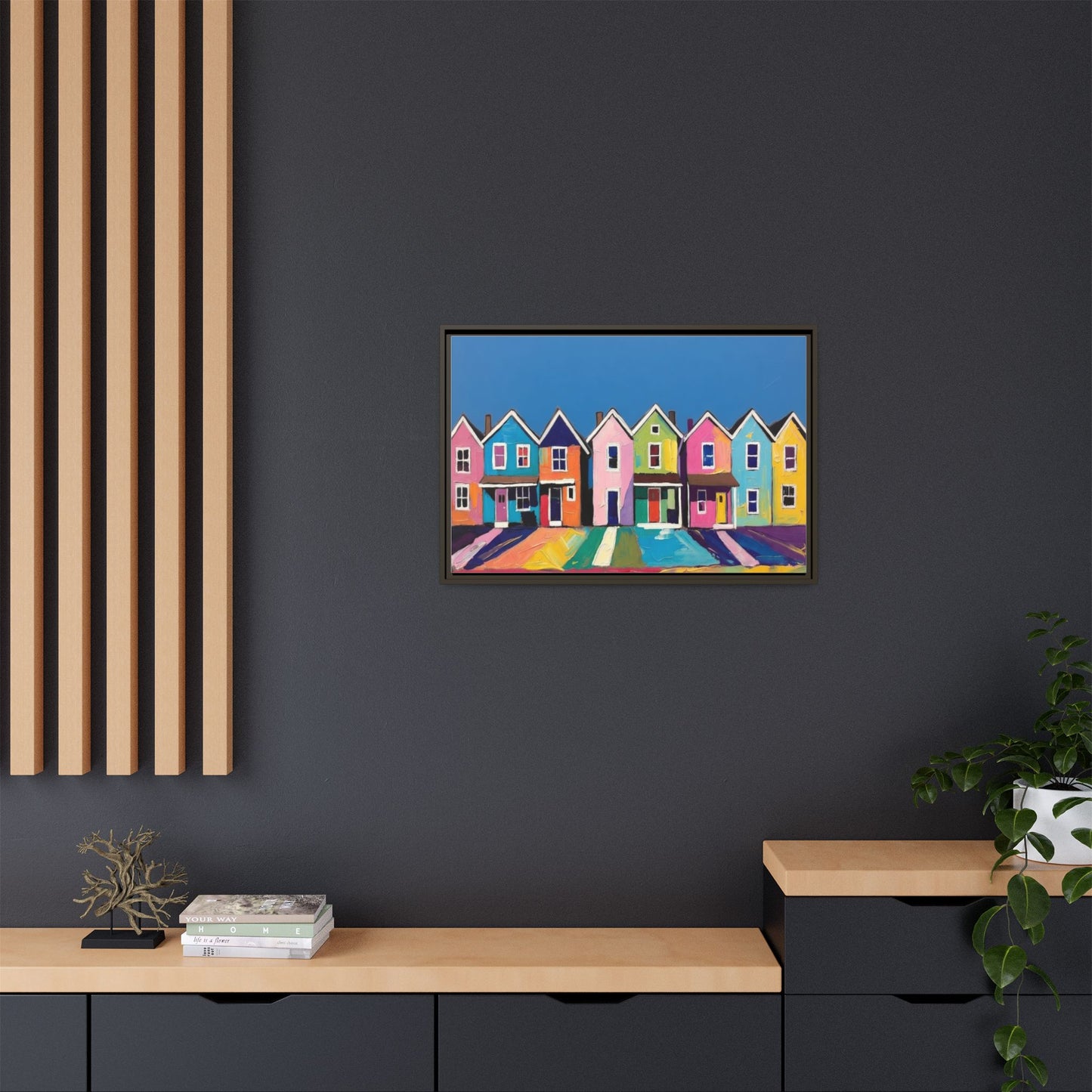 Colorful Beach Houses Matte Canvas Framed Wall Art