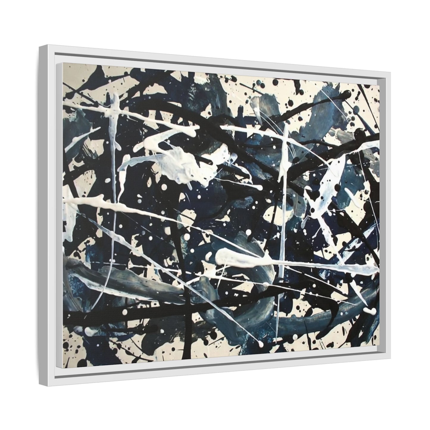 Abstract Splatter Matte Canvas Framed Wall Art — Black & Blue Modern Art Print