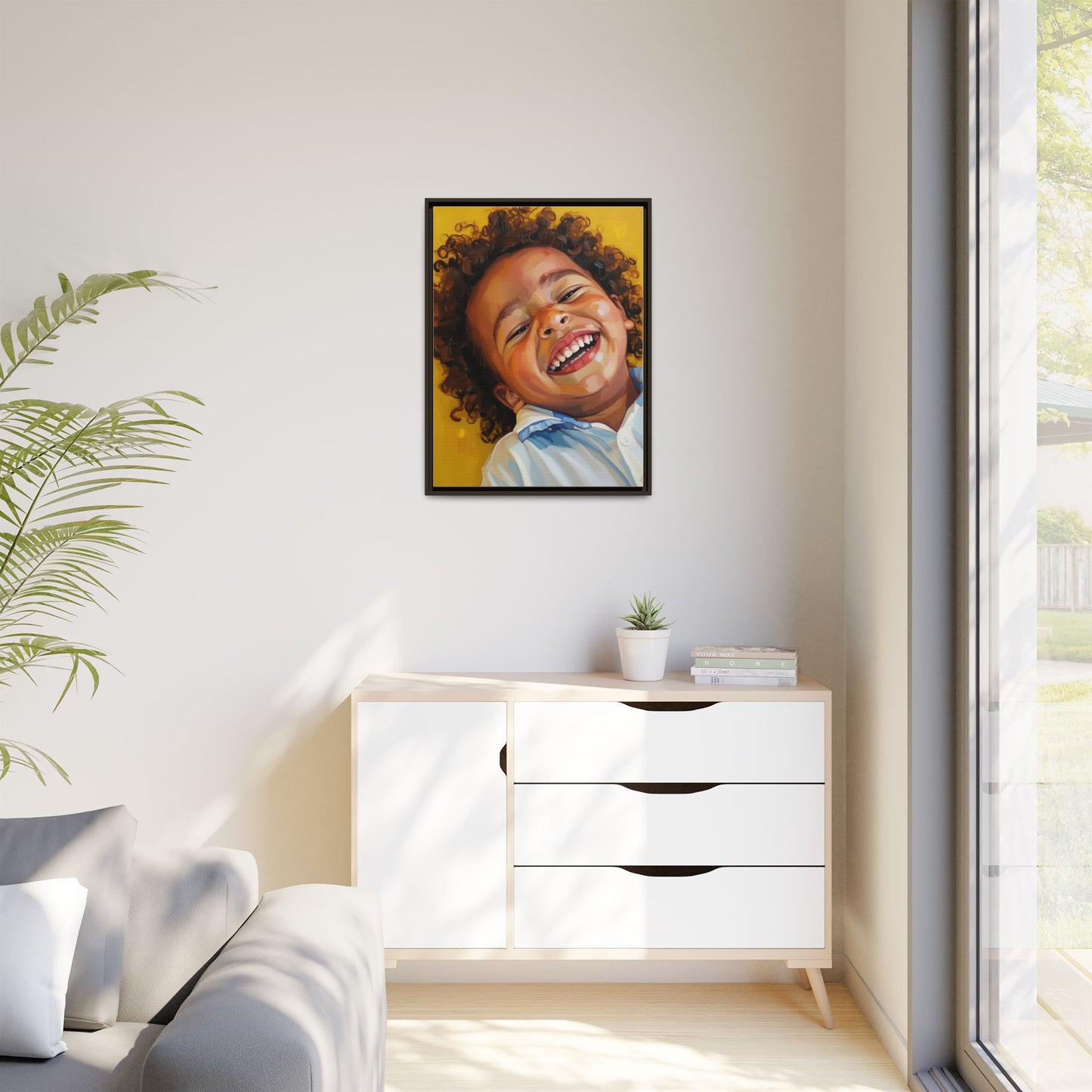 Framed Matte Canvas Print – Joyful Child Portrait, Colorful Nursery Wall Art